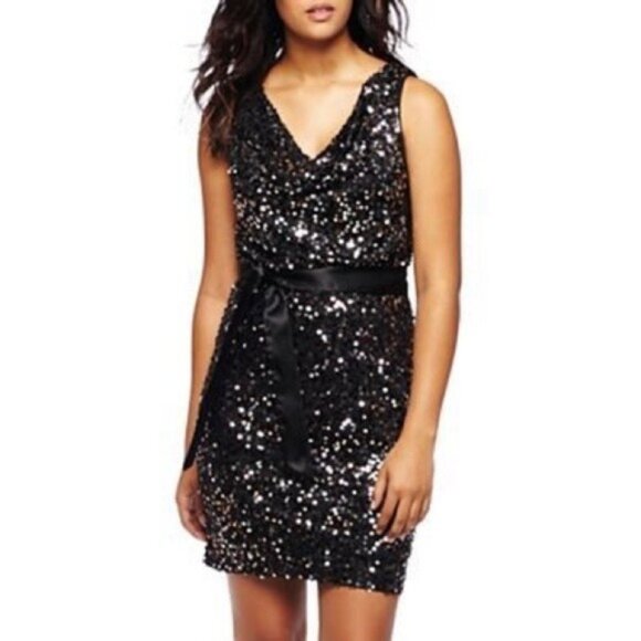 Bisou Bisou Black And Silver Sequin Cowl Neck Mini Sheath Dress Size 12 EUC - Picture 1 of 11